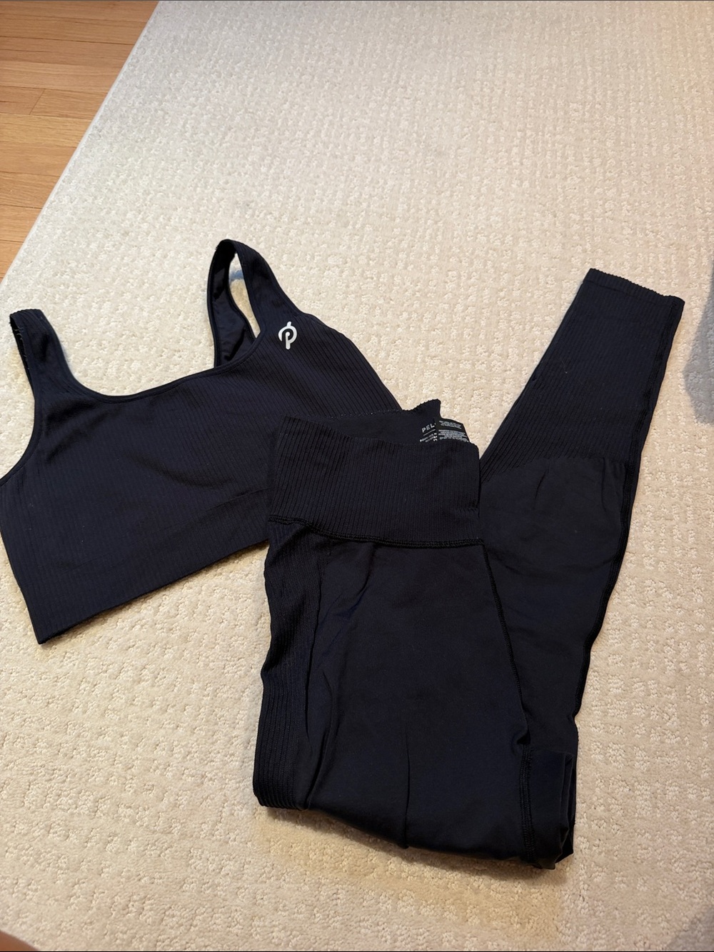 Peloton Black Ribbed Sports Bra and Leggings Set